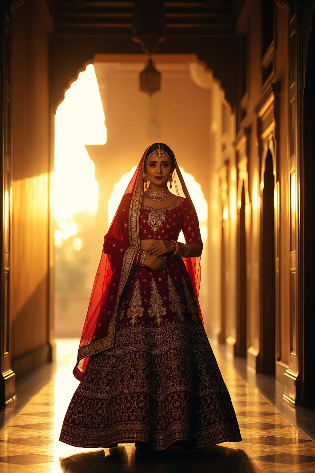 South Asian bride in a maroon and gold lehenga walking through a heritage palace corridor at golden hour